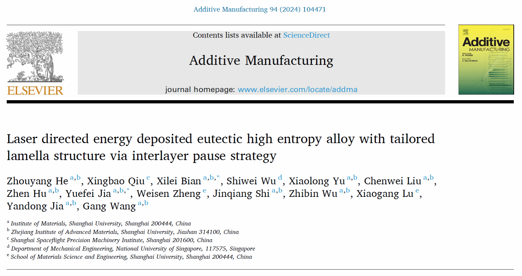 《Additive Manufacturing》刊发质料学院的最新研究效果-尊龙凯时