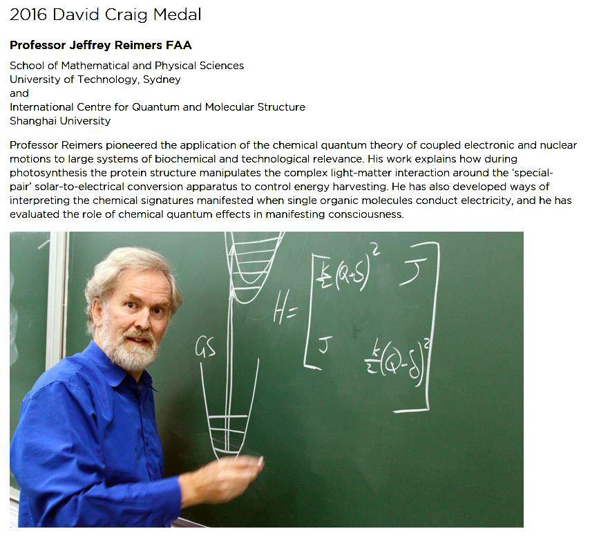 理学院Jeffrey Reimers 院士获得2016 David Craig Medal奖-尊龙凯时